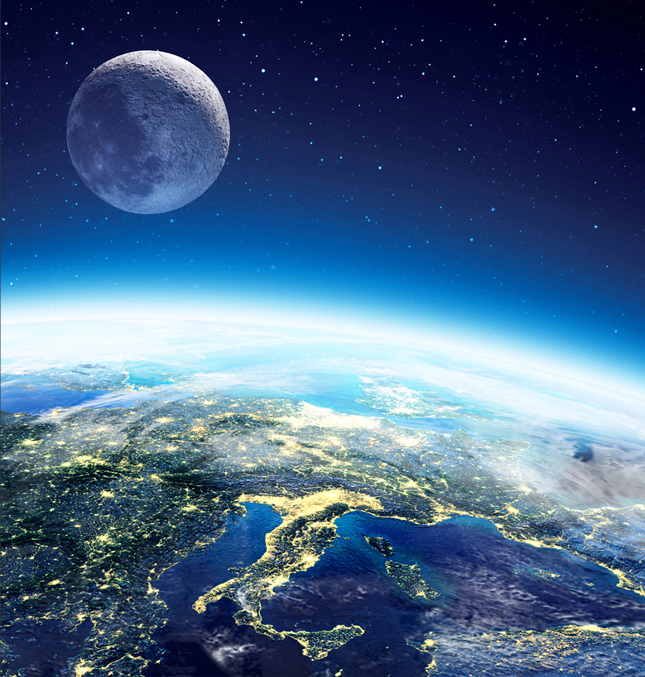 A full moon render floating above the Earth.